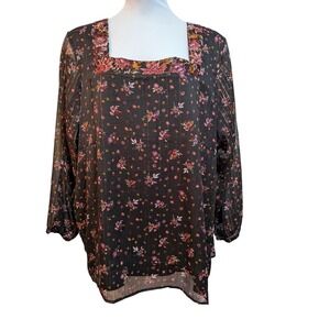 Avenue 30/32 Boho Whimsy Prairie Dark Fairy Black Floral Square Neck Sparkle Top